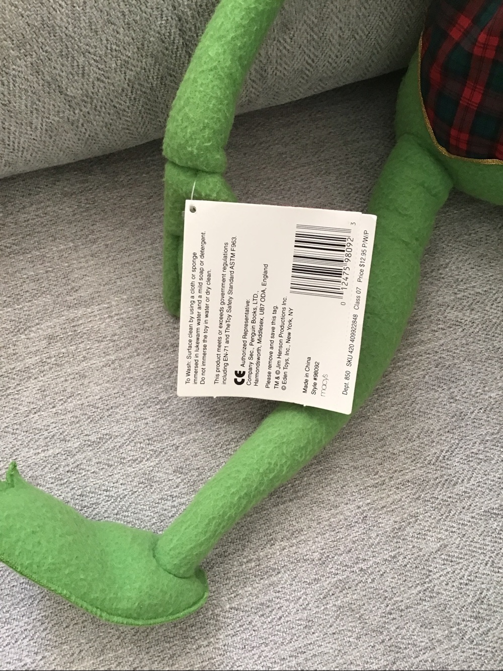 Vintage Large Kermit the Frog Plush with Plaid Vest 24” - Picture 6 of 14